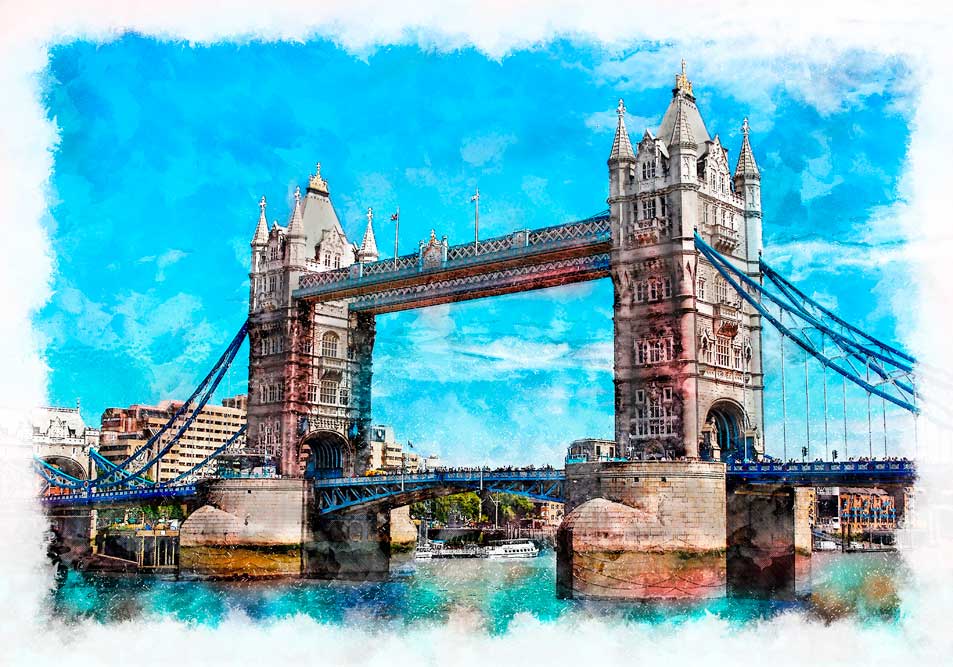 Tower Bridge w Londynie jako budynek - symbol kierujący nasze myśli ku organizowanym przez naszą szkołę języków obcych we wszystkich swoich filiach (Faster szkoła językowa Gdańsk, Faster szkoła językowa Gdynia, Faster szkoła językowa Łódź, Faster szkoła językowa Poznań, Faster szkoła językowa Szczecin i oddziały szkoły we Wrocławiu i w Warszawie) kursom języka angielskiego.